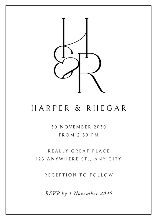 Black and White Minimalist Elegant Monogram Wedding Invitation