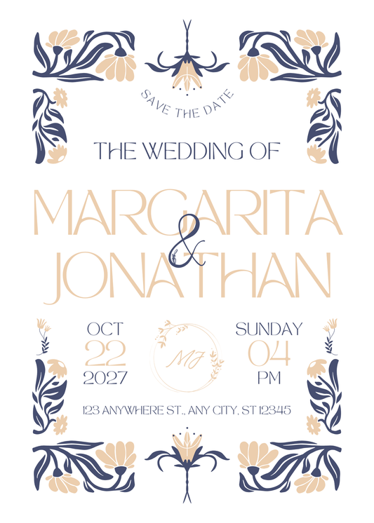 Blue Beige Retro Vintage Save The Date Wedding Invitation